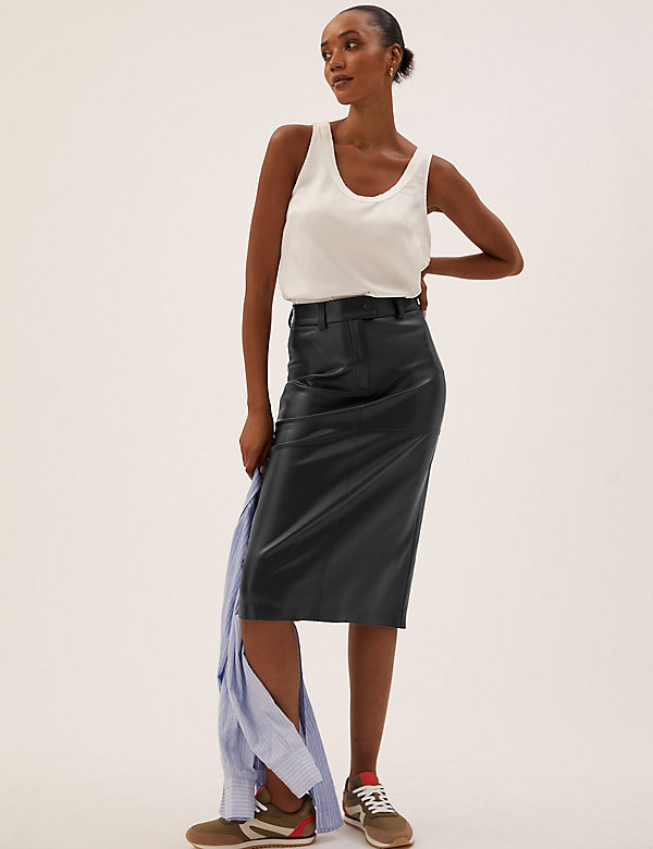 Faux Leather Midi A-Line Skirt - NL