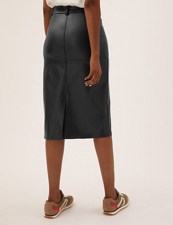 Faux Leather Midi A-Line Skirt - HR