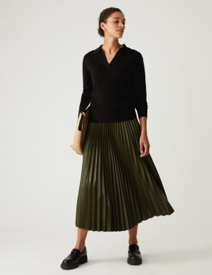 

Womens M&S Collection Faux Leather Pleated Midi Skirt - Dark Khaki, Dark Khaki