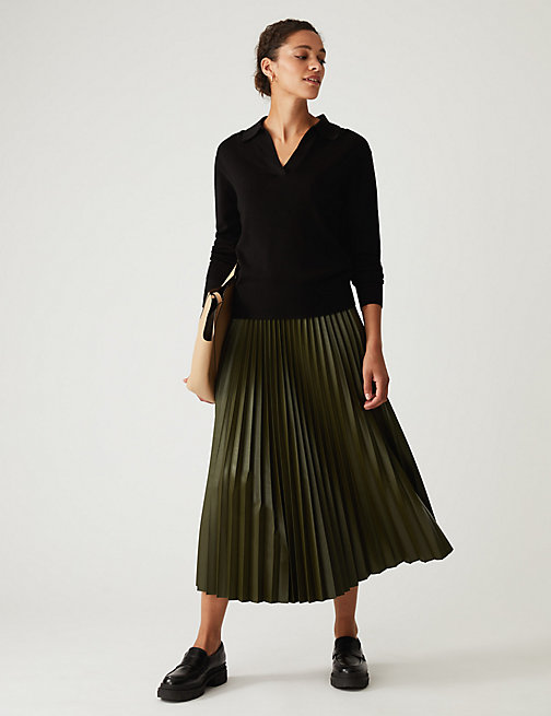 Marks And Spencer Womens M&S Collection Faux Leather Pleated Midi Skirt - Dark Khaki, Dark Khaki