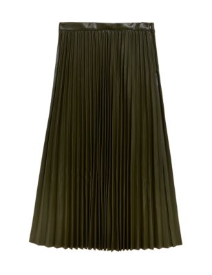 M&S Collection Faux Leather Pleated Midi Skirt - 10REG - Dark Khaki, Dark Khaki