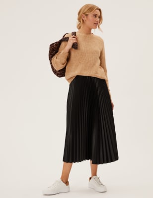 Faux Leather Pleated Midi Skirt