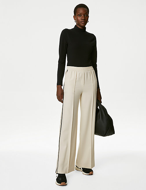 Marks And Spencer Womens M&S Collection Side Stripe Wide Leg Trousers - Cream Mix, Cream Mix
