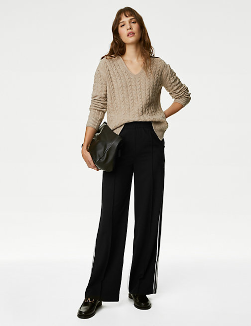 Marks And Spencer Womens M&S Collection Side Stripe Wide Leg Trousers - Black Mix, Black Mix