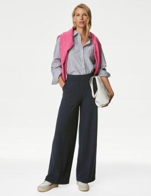 

Womens M&S Collection Jersey Crepe Wide Leg Trousers - Navy, Navy