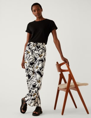 Crepe Printed Drawstring Wide Leg Trousers