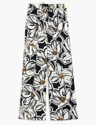 

M&S Collection Pantalón de pata ancha de crepé estampado con cordón ajustableWomens - Black, Black