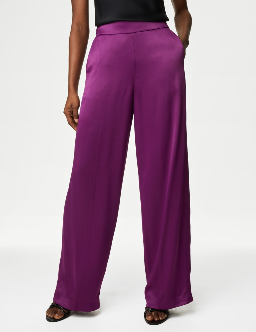 Satin Elasticated Waist Wide Leg Trousers image 3