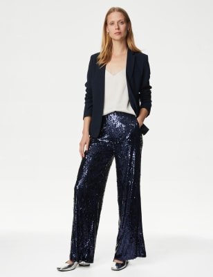 Women's Petite Sequin Flared Sleeve Wide Leg Jumpsuit