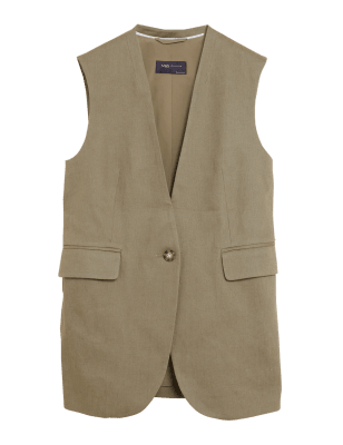 

Womens M&S Collection Ärmelloser Blazer aus Leinenmischgewebe - Faded Khaki, Faded Khaki