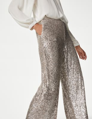 Women's Petite Sequin Wide Leg Trouser