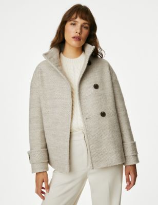 Twill Funnel Neck Short Coat with Wool