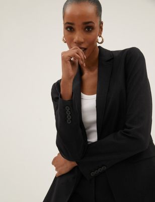 Womens M&S Collection Linen Blend Slim Single Breasted Blazer - Black, Black