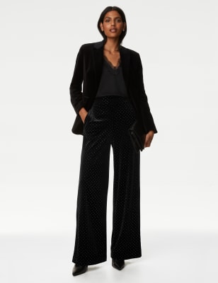 

Womens M&S Collection Velvet Diamante Pull On Wide Leg Trousers - Black Mix, Black Mix