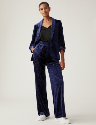 Leopard Printed Crushed Velvet Wide Leg Trousers