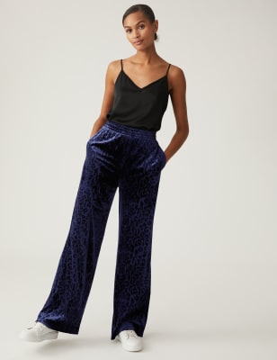 Velvet Animal Print Wide Leg Trousers