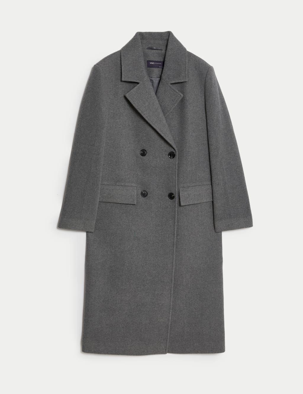 Marks & Spencer Double Breasted Longline Tailored Coat Plain Synthetic (FEMALE, BLACK, 18)