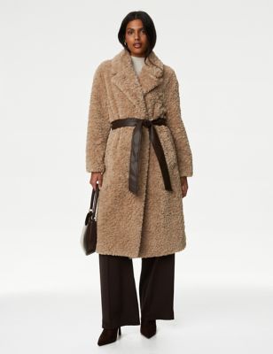 

Womens M&S Collection Faux Fur Belted Longline Coat - Neutral, Neutral