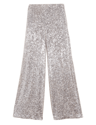 

Womens M&S Collection Sequin Elasticated Waist Wide Leg Trousers - Champagne, Champagne