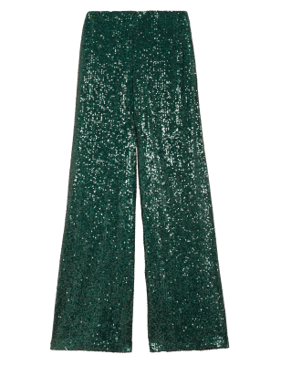 

Womens M&S Collection Sequin Elasticated Waist Wide Leg Trousers - Green, Green