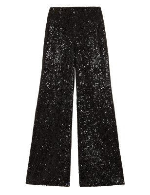 

Womens M&S Collection Sequin Elasticated Waist Wide Leg Trousers - Black, Black