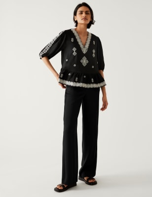 

Womens M&S Collection Satin Tuxedo Wide Leg Trousers - Black, Black