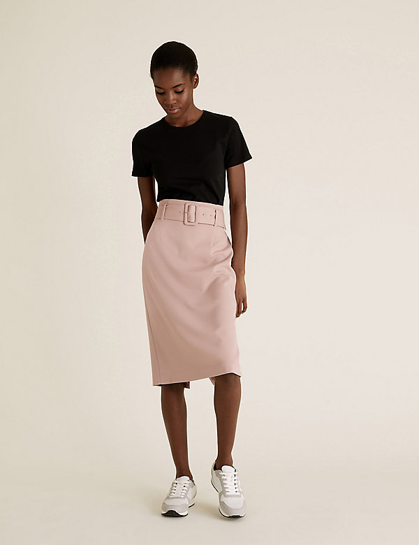 Belted Knee Length Pencil Skirt - CN
