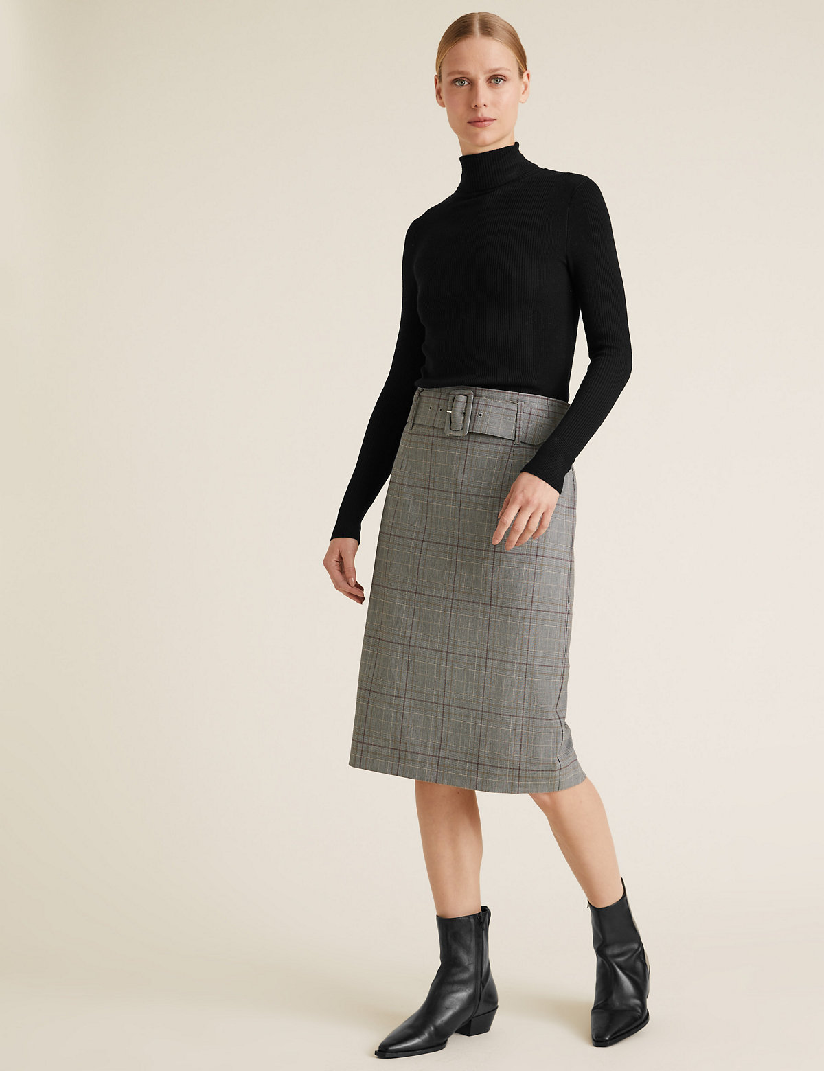 Checked Belted Knee Length Pencil Skirt