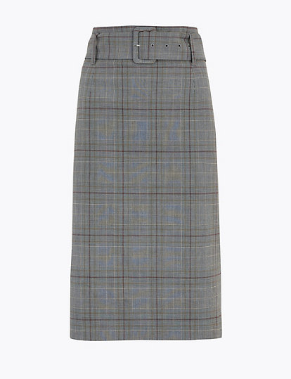 Checked Belted Knee Length Pencil Skirt