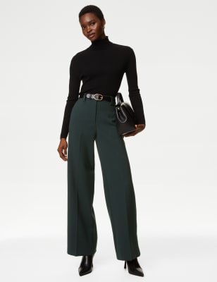 

Womens M&S Collection Crepe Tab Detail Wide Leg Trousers - Dark Green, Dark Green