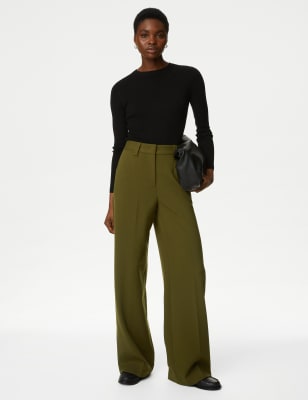 

Womens M&S Collection Crepe Tab Detail Wide Leg Trousers - Dark Khaki, Dark Khaki