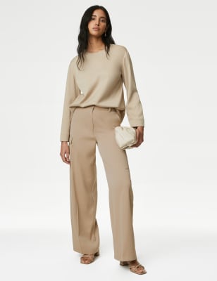 

Womens M&S Collection Satin Cargo Wide Leg Trousers - Natural Beige, Natural Beige