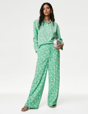 M&S Womens Floral Drawstring Wide Leg Trousers - 8SHT - Green Mix, Green Mix