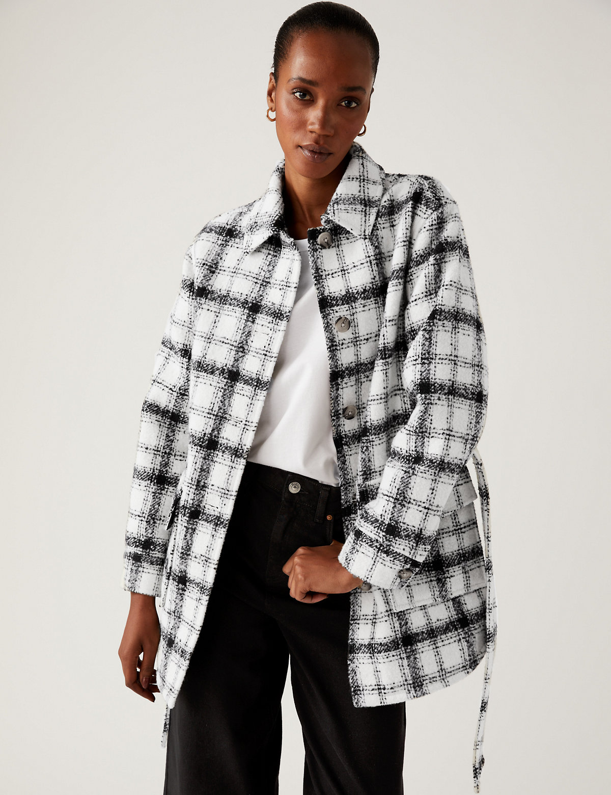Checked Textured Belted Shacket with Wool