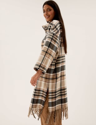 

Womens M&S Collection Karierter Mantel mit Stehkragen, Fransen und Wollanteil - Caramel, Caramel
