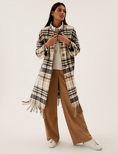 Checked Fringed Funnel Neck Coat with Wool