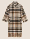 Checked Fringed Funnel Neck Coat with Wool