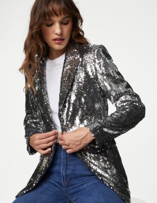 

Womens M&S Collection Auf Figur geschnittener, einreihiger Blazer mit Pailletten - Silver, Silver