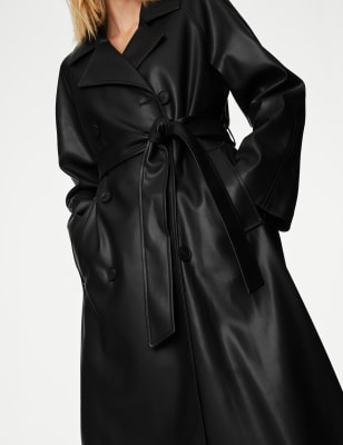 Black faux 2024 leather trench coat