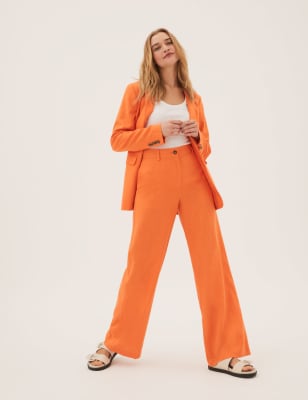 

Womens M&S Collection Linen Blend Wide Leg Trousers - Tangerine, Tangerine