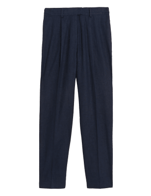 

Womens M&S Collection Linen Blend Pleat Front Tapered Trousers - Navy, Navy