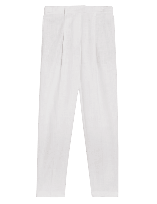 

Womens M&S Collection Linen Blend Pleat Front Tapered Trousers - Soft White, Soft White