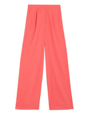 

Womens M&S Collection Satin Pleat Front Wide Leg Trousers - Bright Coral, Bright Coral