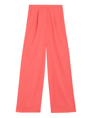 

Womens M&S Collection Satin Pleat Front Wide Leg Trousers - Bright Coral, Bright Coral