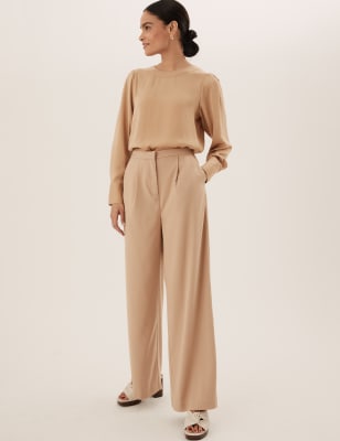 

Womens M&S Collection Satin Pleat Front Wide Leg Trousers - Latte, Latte