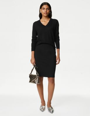 M&S Womens Jersey Knee Length Pencil Skirt - 6REG - Black, Black,Dark Navy