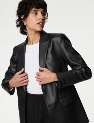 Faux Leather Tailored Single Breasted Blazer - RS