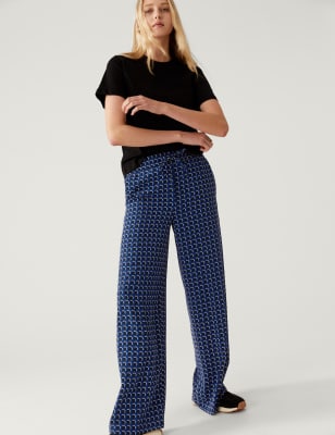 

Womens M&S Collection Gemusterte Hose mit geradem Bein und Kordelzug - Blue Mix, Blue Mix