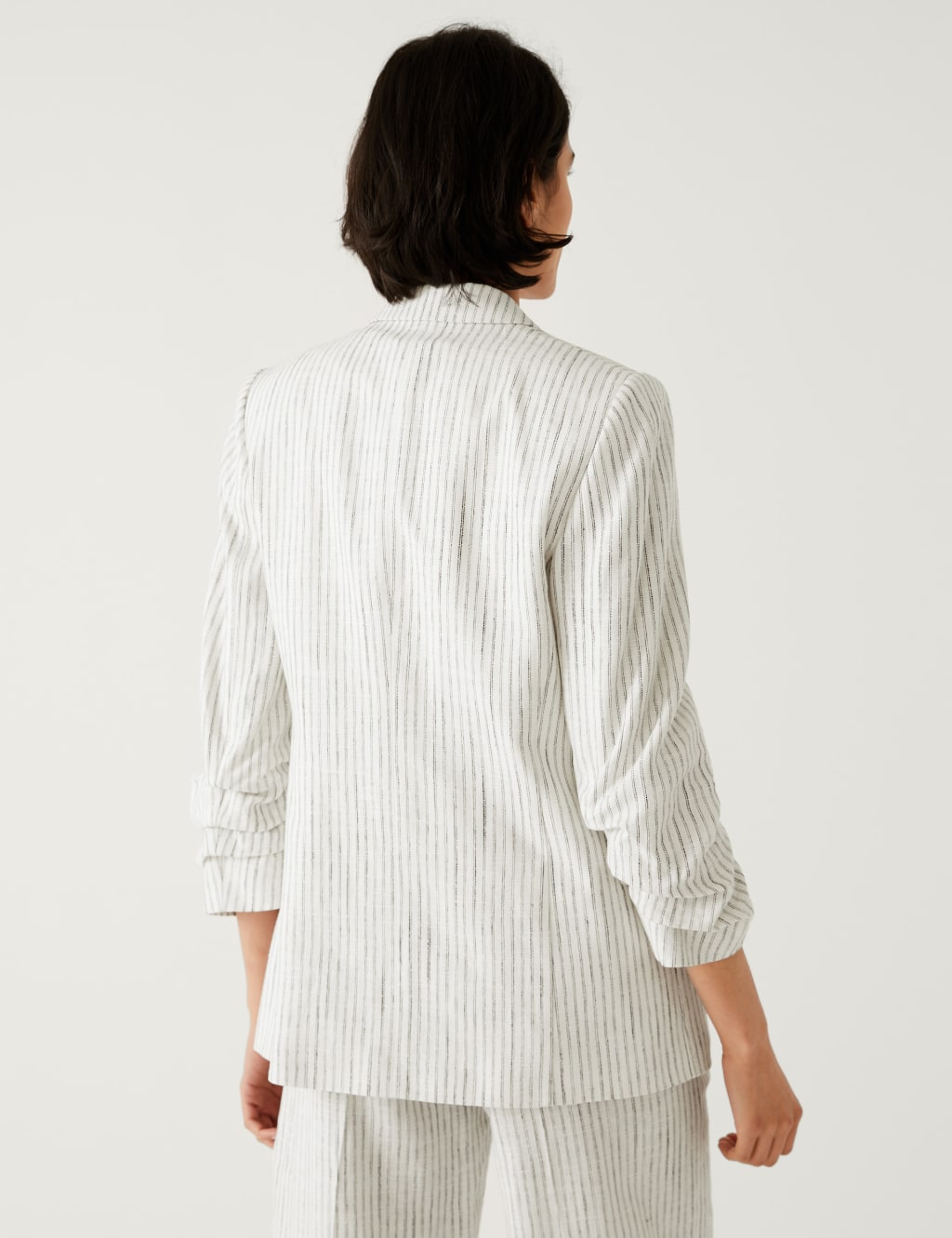 Linen Blend Striped Ruched Sleeve Blazer image 4
