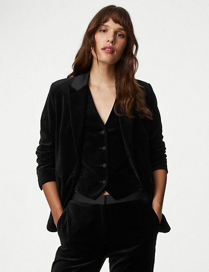 m&s collection cotton rich velvet tailored blazer - 16 - black, black